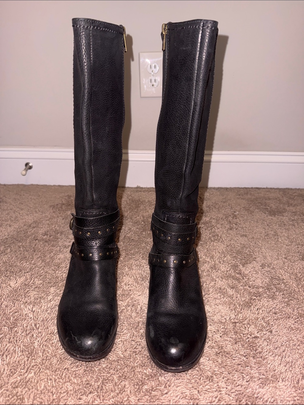 UGG Black Tall Leather Riding Boots with Studded Straps and Side Zips